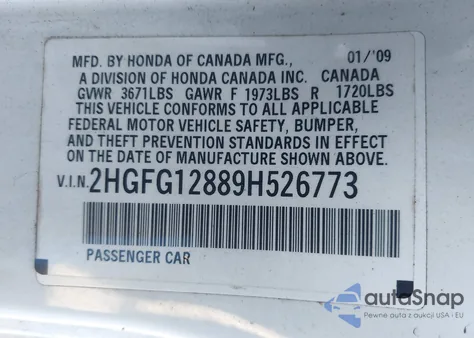 2009 Honda Civic Ex from USA, damaged, VIN 2HGFG12889H526773